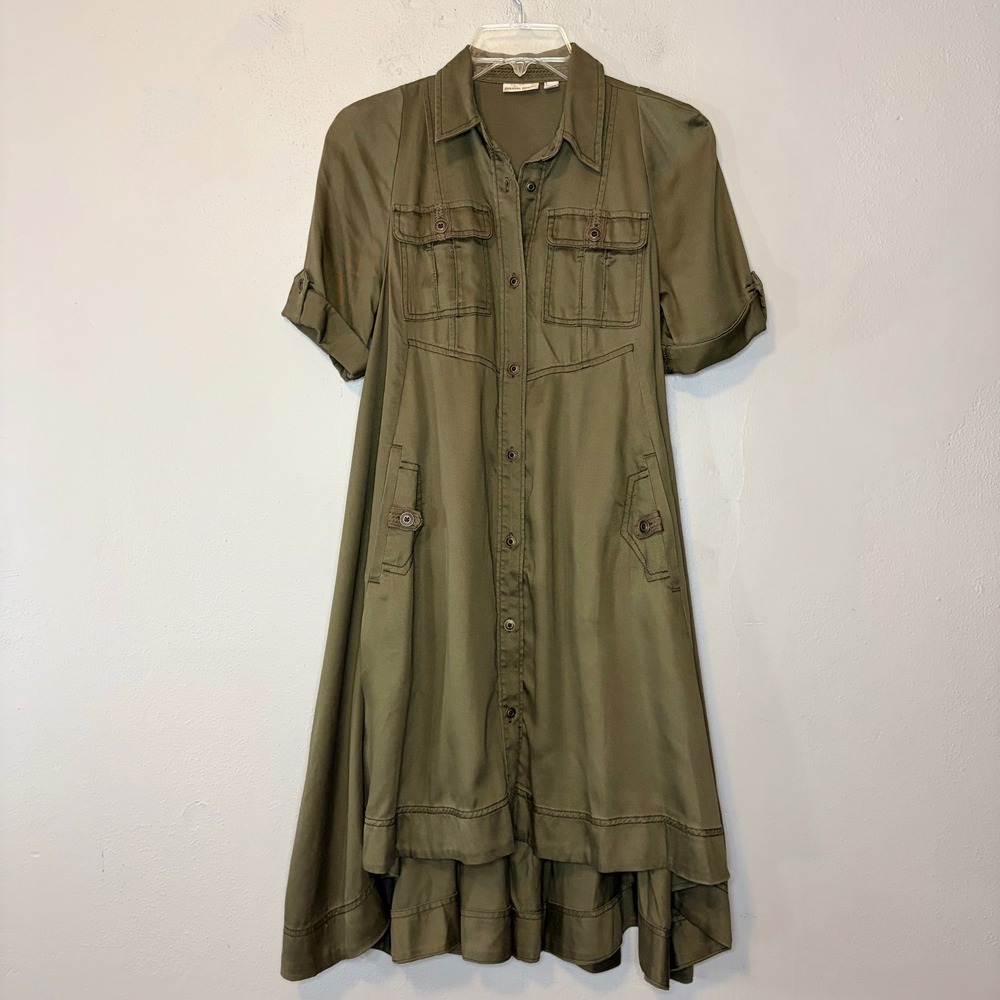 Holding Horses Anthropologie Olive Green Tencel Utility Shirt Dress High Low 0